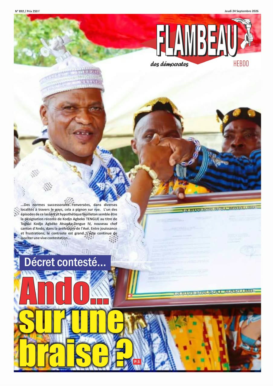 La Une du journal Flambeau des Démocrates, parution N°892 du jeudi 24 septembre 2026