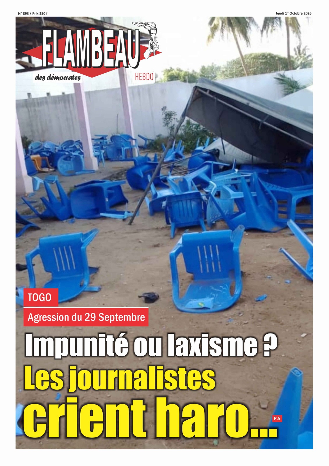 La Une du journal Flambeau des Démocrates, parution N°892 du jeudi 01 octobre 2026