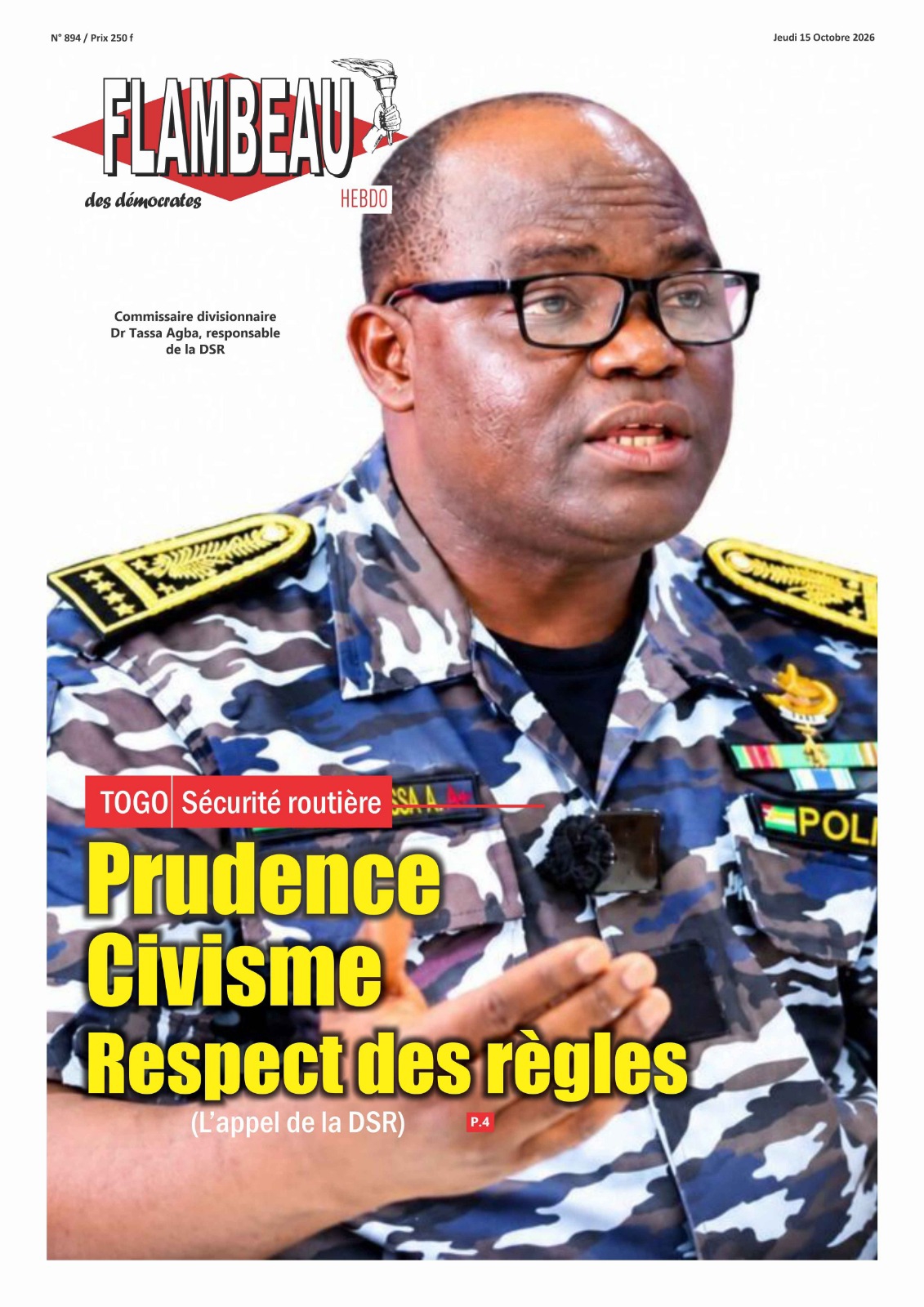 La Une du journal Flambeau des Démocrates, parution N°894 du jeudi 15 octobre 2026